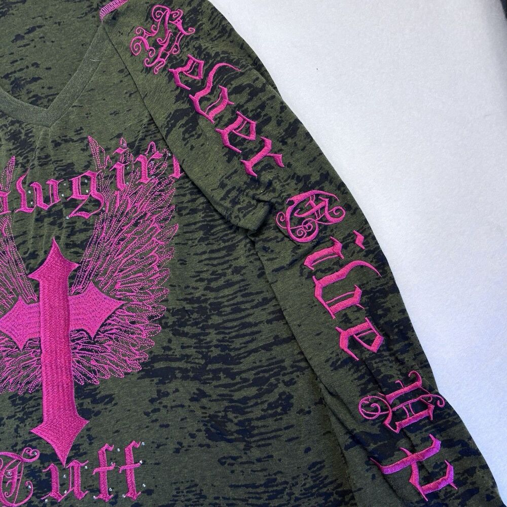 COWGIRL TUFF Long Sleeve T Shirt Green Burnout With Pink Embroidery Size L - Picture 2 of 6